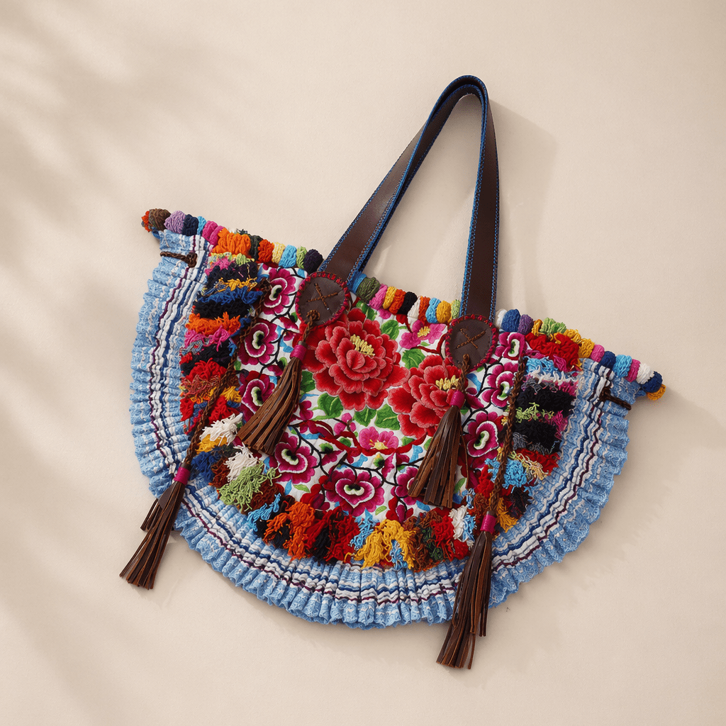 Half - moon Ibiza Bag Pom Pom Trimmed XL - Thailand Bags La Vie Bien Half - moon Ibiza Bag Pom Pom Trimmed XL - Thailand