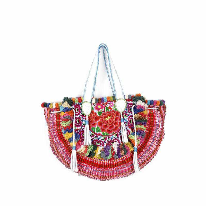 Half - moon Ibiza Bag Pom Pom Trimmed XL - Thailand Bags La Vie Bien Half - moon Ibiza Bag Pom Pom Trimmed XL - Thailand