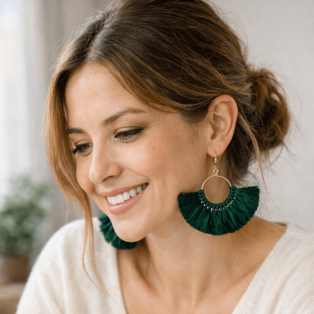 Half Moon Silk Tassel Handcrafted Earrings - Thailand Jewelry La Vie Bien Half Moon Silk Tassel Handcrafted Earrings - Thailand