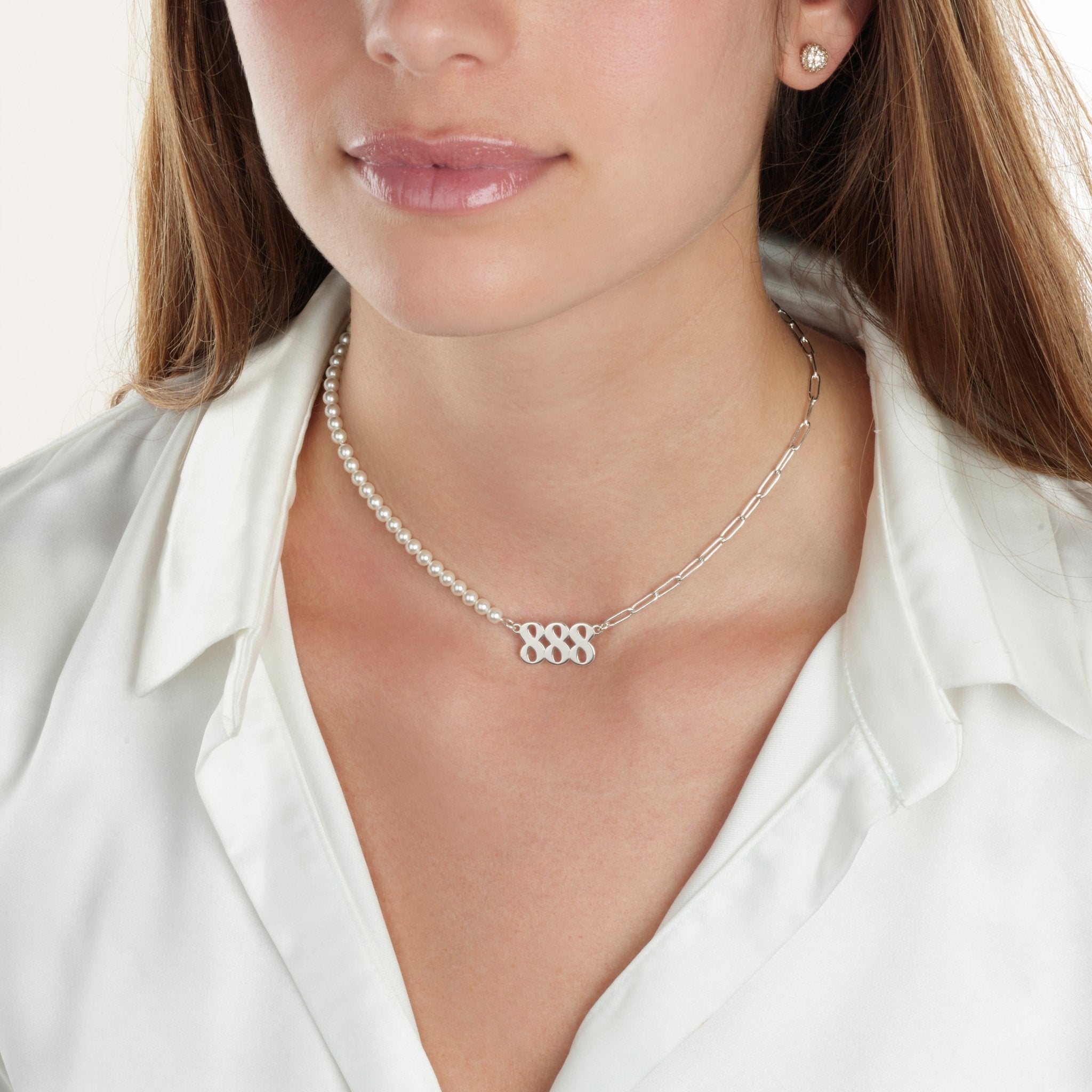 Half Pearls Half Paperclip Angel Numbers Necklace La Vie Bien Half Pearls Half Paperclip Angel Numbers Necklace