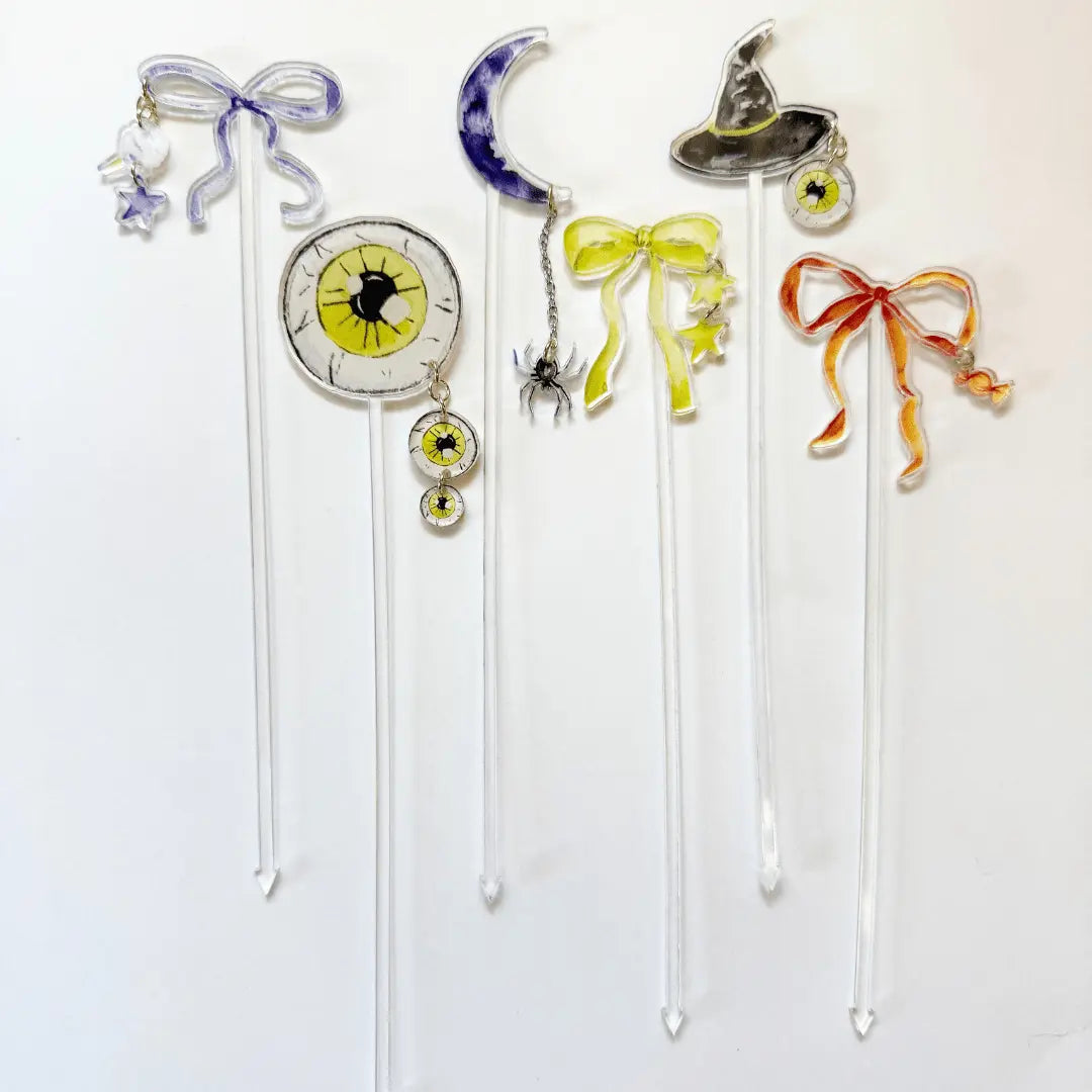 Halloween Drink Stir Sticks – Acrylic Cocktail Stirrers with Charms (6 Pack)