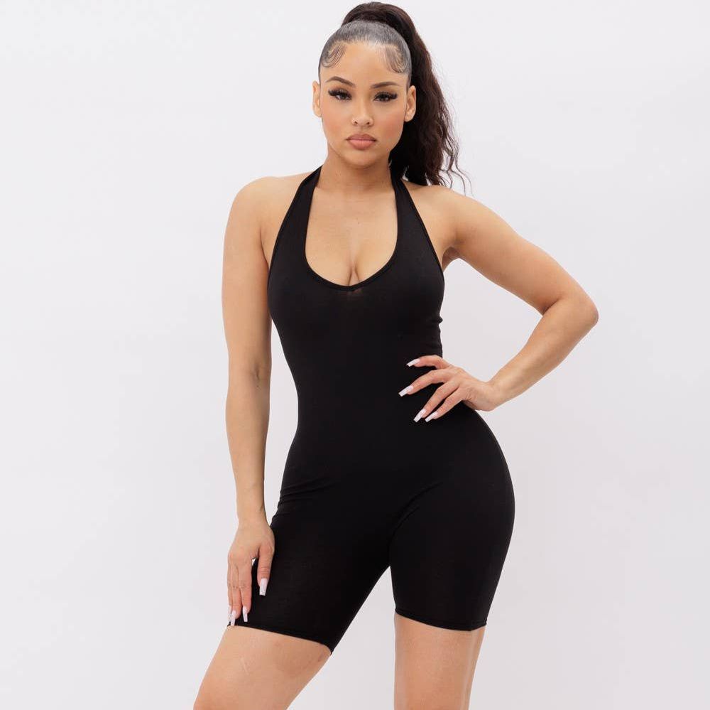 Halter Neck No Sleeve Solid Biker Short Romper | Sleeveless Backless One - piece Bodysuit Active Wear [Available in Sizes SM - L]