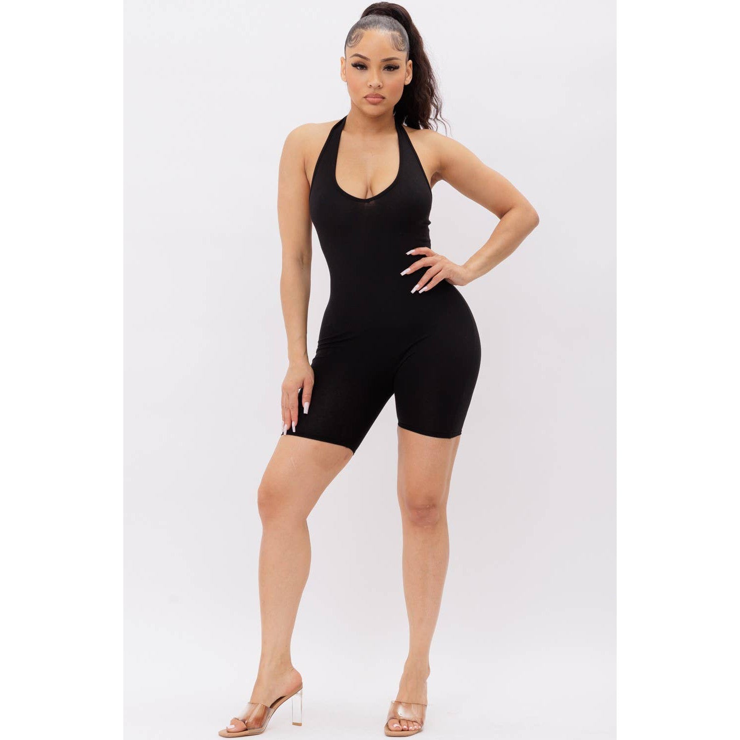 Halter Neck No Sleeve Solid Biker Short Romper | Sleeveless Backless One - piece Bodysuit Active Wear [Available in Sizes SM - L]