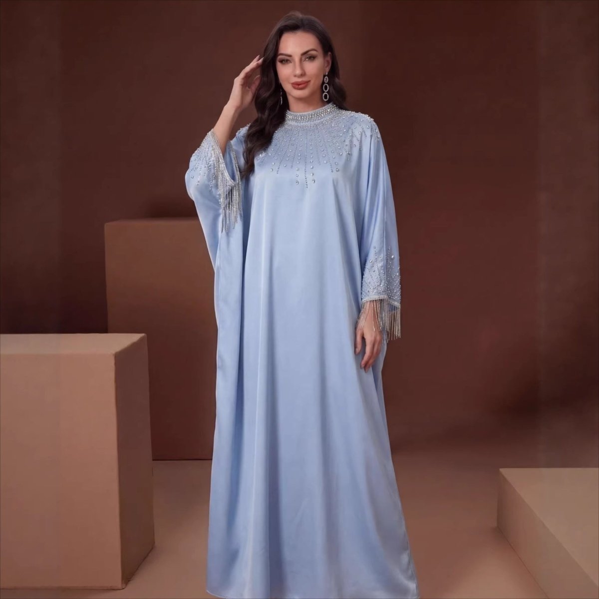 Hand-Beaded Crystal Bodice Satin Kaftan (MA420) La Vie Bien Hand-Beaded Crystal Bodice Satin Kaftan (MA420)