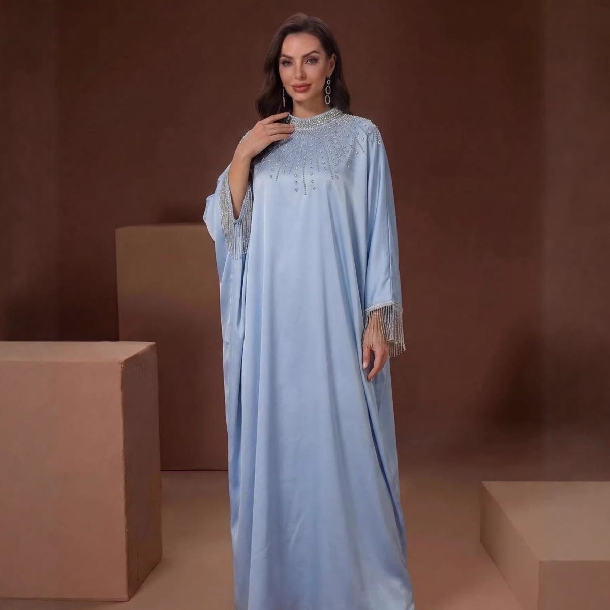 Hand-Beaded Crystal Bodice Satin Kaftan (MA420) La Vie Bien Hand-Beaded Crystal Bodice Satin Kaftan (MA420)