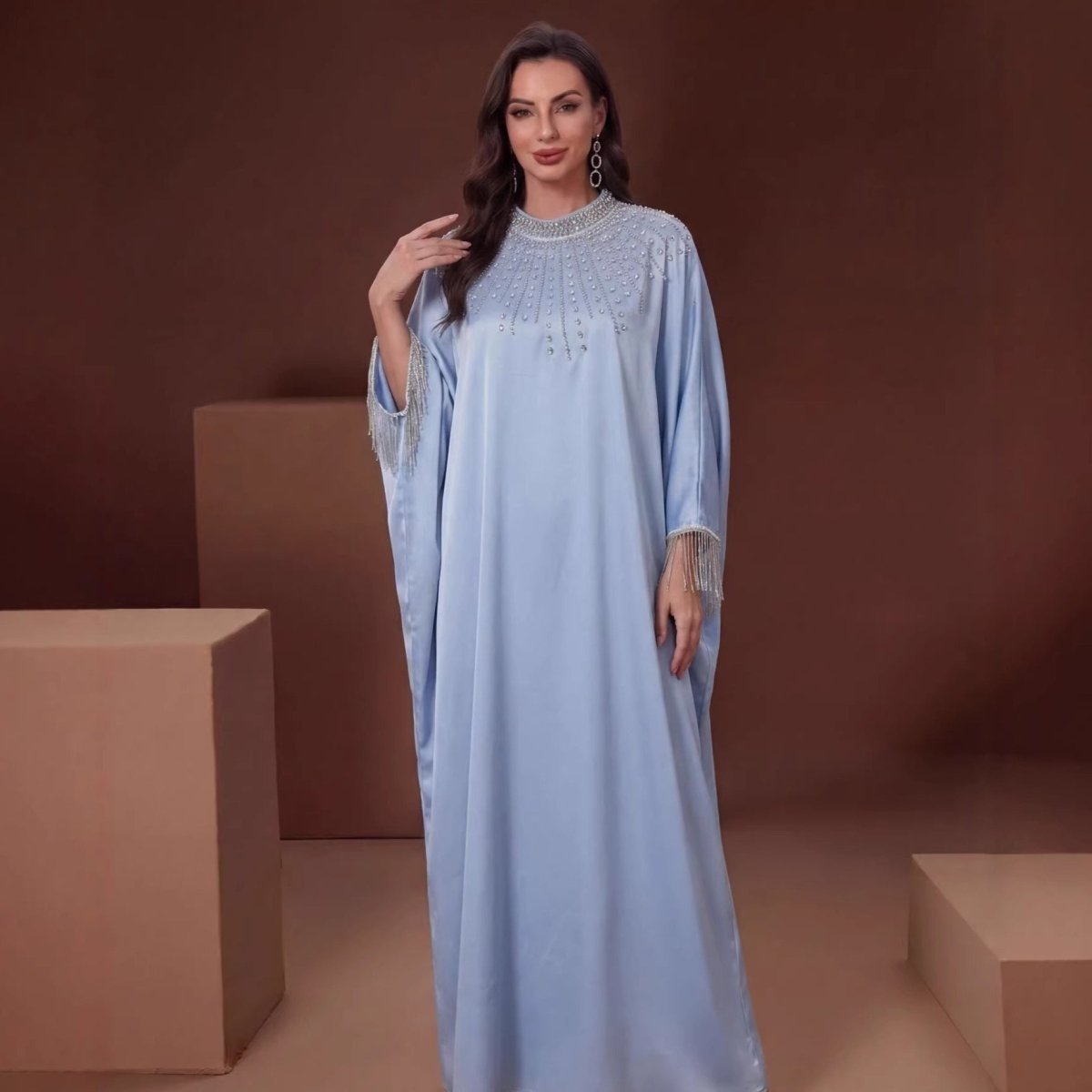 Hand-Beaded Crystal Bodice Satin Kaftan (MA420) La Vie Bien Hand-Beaded Crystal Bodice Satin Kaftan (MA420)