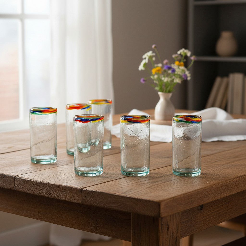 Hand Blown Colorful Tumbler Glass | Confetti Rim Mexican Drinking Glass La Vie Bien Hand Blown Colorful Tumbler Glass | Confetti Rim