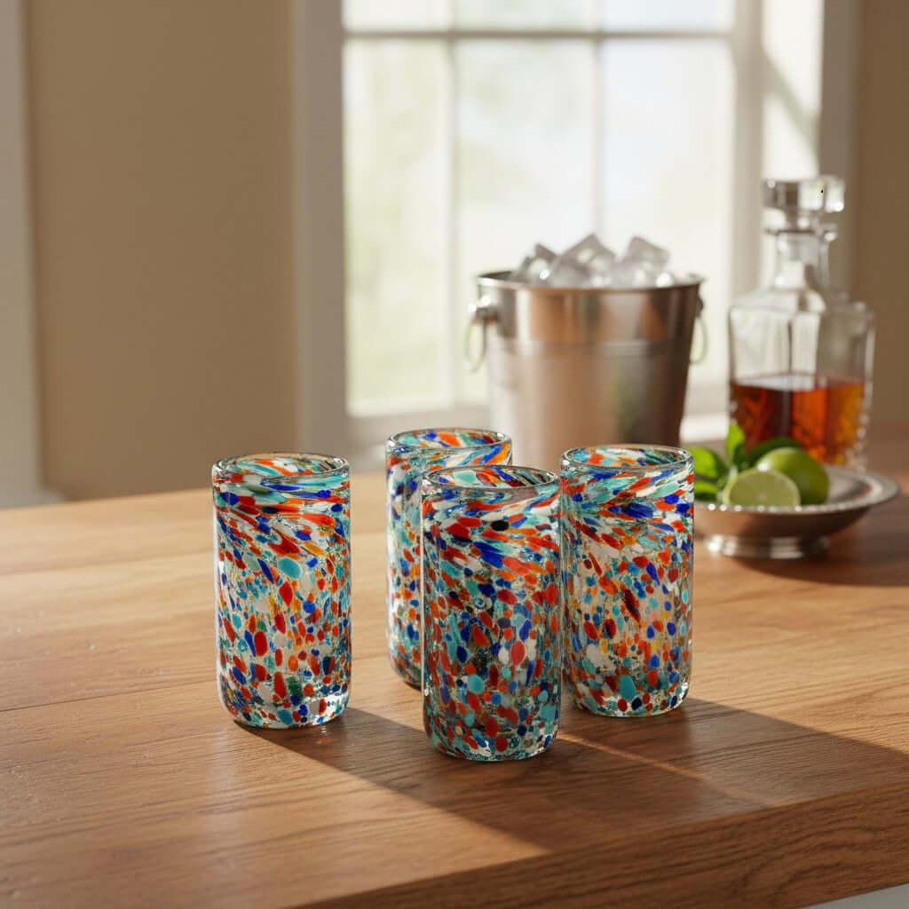 Hand Blown Double Shot Glass | Mexican Confetti Glassware Mexican Shot Glass La Vie Bien Hand Blown Double Shot Glass | Mexican Confetti Glassware