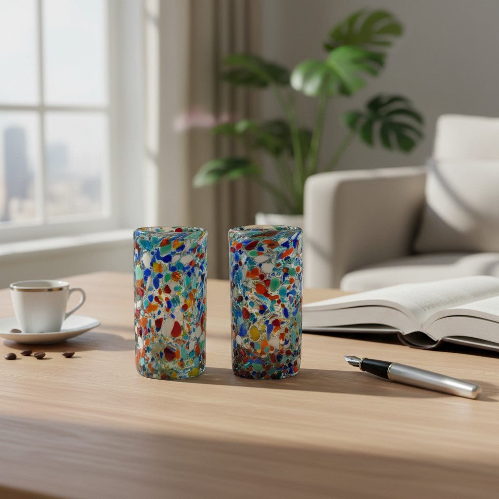 Hand Blown Double Shot Glass | Mexican Confetti Glassware Mexican Shot Glass La Vie Bien Hand Blown Double Shot Glass | Mexican Confetti Glassware