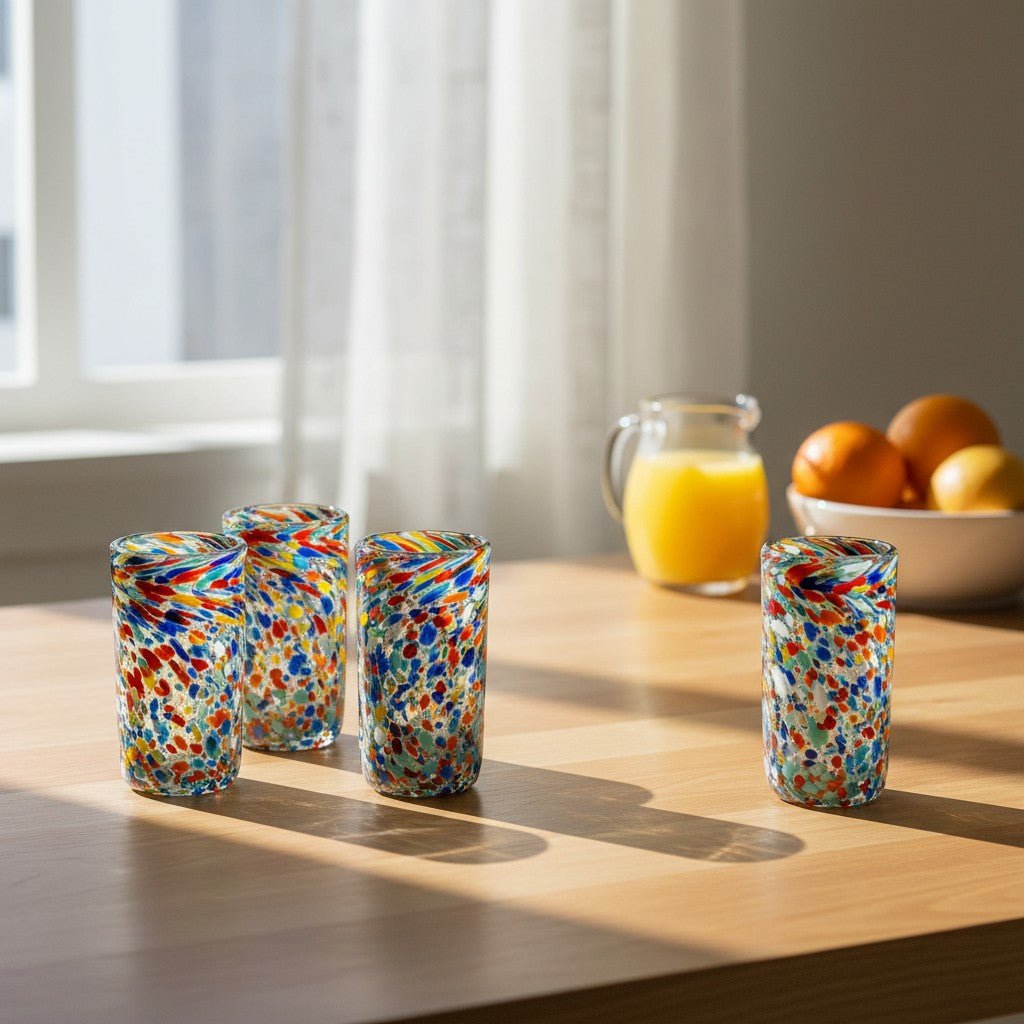 Hand Blown Double Shot Glass | Mexican Confetti Glassware Mexican Shot Glass La Vie Bien Hand Blown Double Shot Glass | Mexican Confetti Glassware