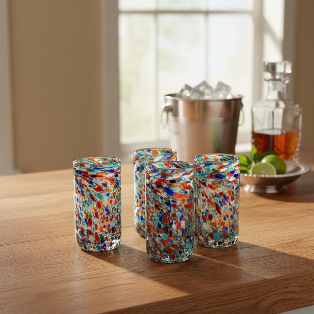 Hand Blown Double Shot Glass | Mexican Confetti Glassware Mexican Shot Glass La Vie Bien Hand Blown Double Shot Glass | Mexican Confetti Glassware