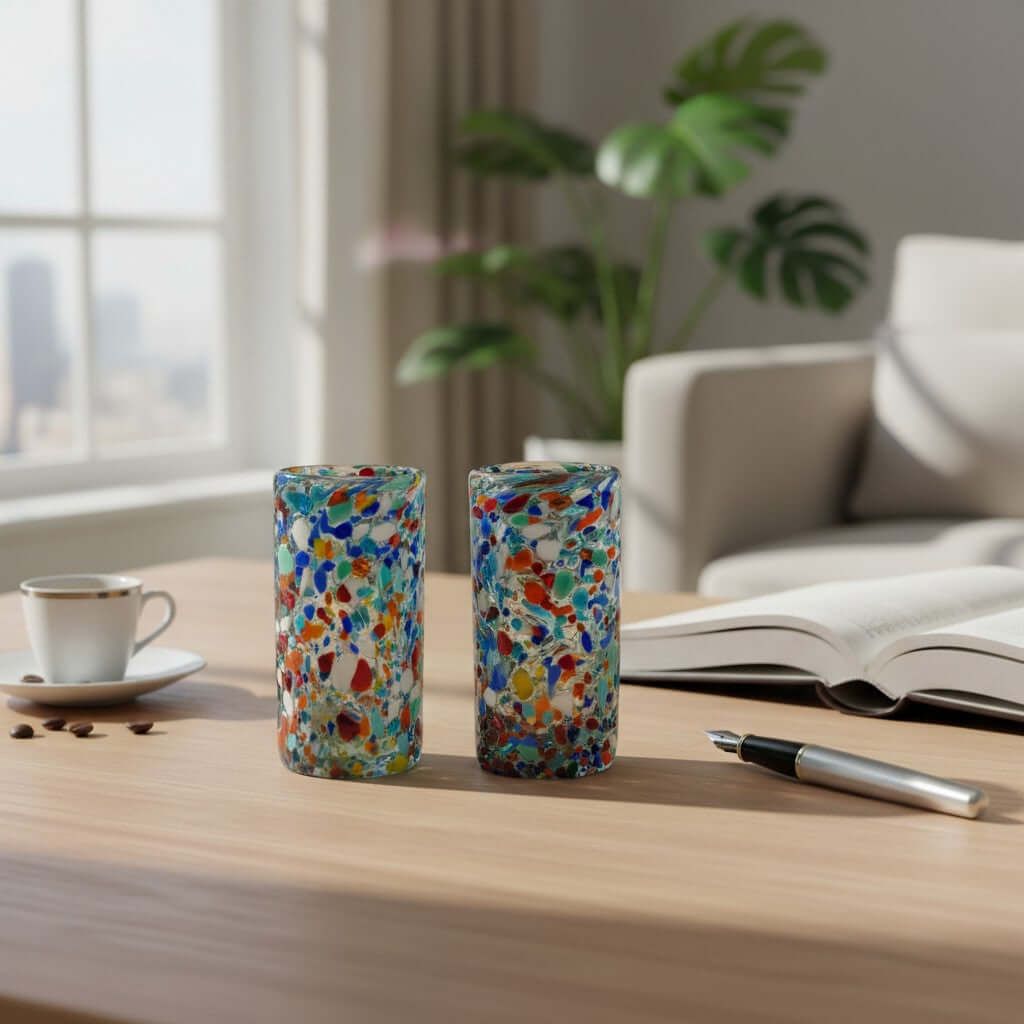 Hand Blown Double Shot Glass | Mexican Confetti Glassware Mexican Shot Glass La Vie Bien Hand Blown Double Shot Glass | Mexican Confetti Glassware