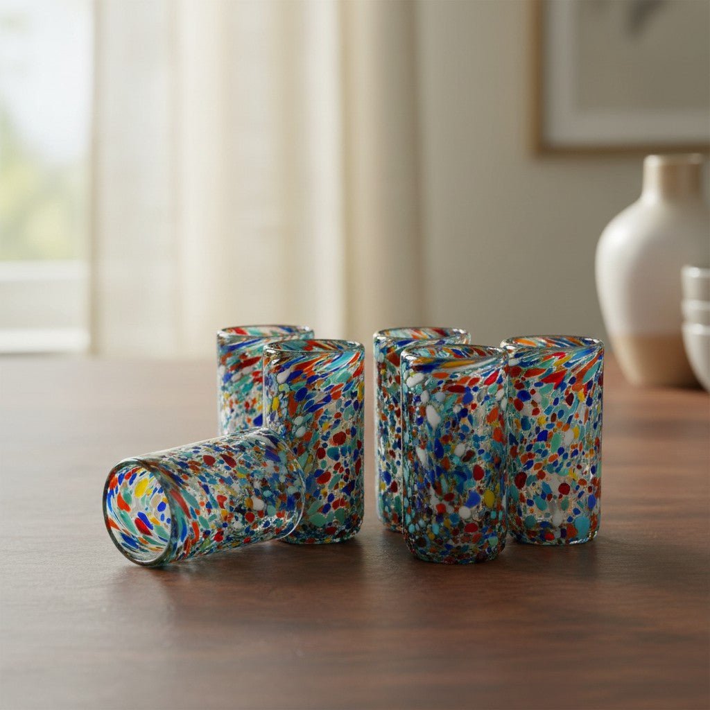 Hand Blown Double Shot Glass | Mexican Confetti Glassware Mexican Shot Glass La Vie Bien Hand Blown Double Shot Glass | Mexican Confetti Glassware