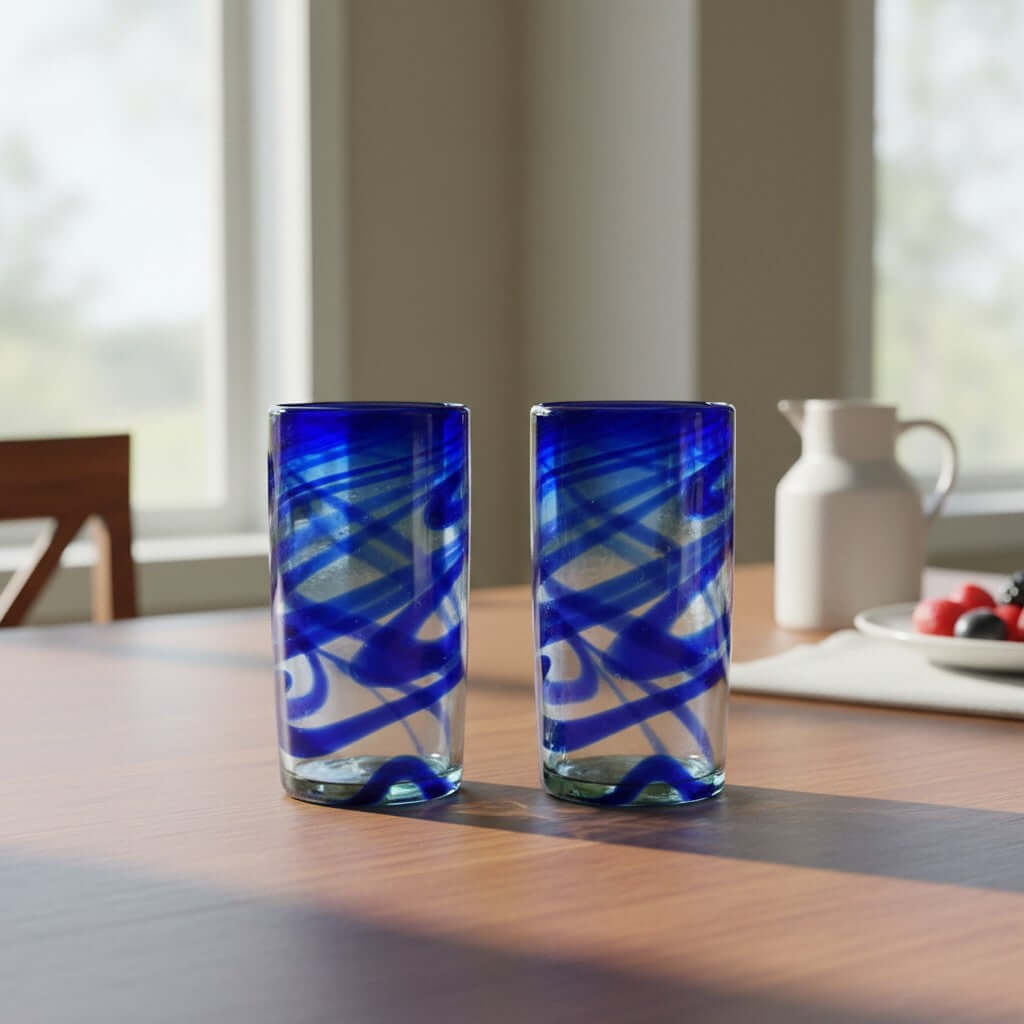 Hand-Blown Mexican Drinking Glass | Blue Swirl Design Mexican Drinking Glass La Vie Bien Hand-Blown Mexican Drinking Glass | Blue Swirl Design