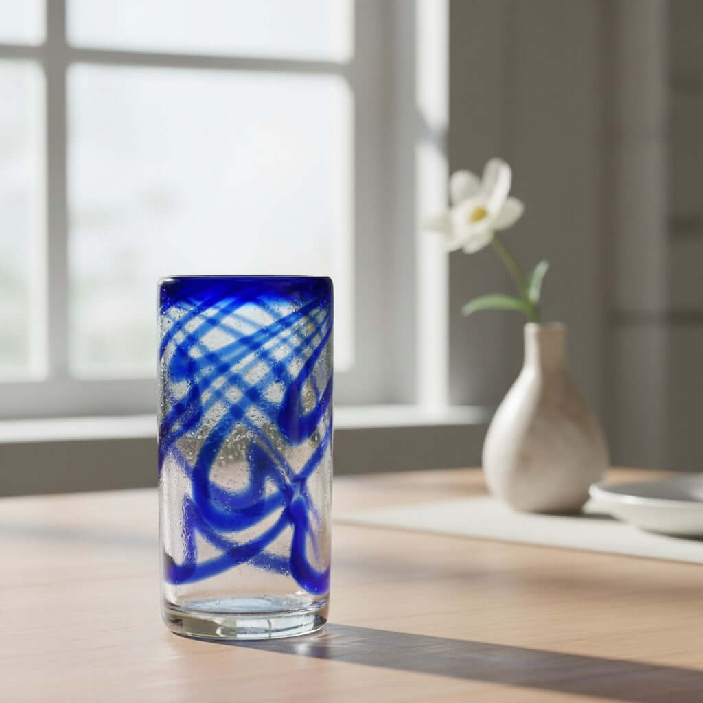 Hand-Blown Mexican Drinking Glass | Blue Swirl Design Mexican Drinking Glass La Vie Bien Hand-Blown Mexican Drinking Glass | Blue Swirl Design