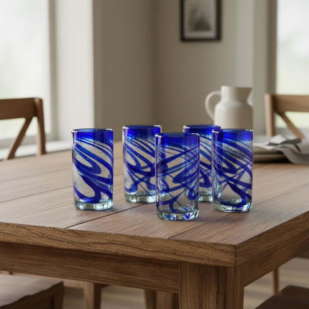 Hand-Blown Mexican Drinking Glass | Blue Swirl Design Mexican Drinking Glass La Vie Bien Hand-Blown Mexican Drinking Glass | Blue Swirl Design