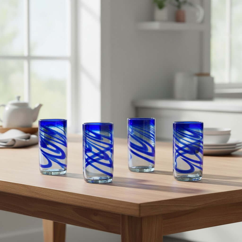 Hand-Blown Mexican Drinking Glass | Blue Swirl Design Mexican Drinking Glass La Vie Bien Hand-Blown Mexican Drinking Glass | Blue Swirl Design