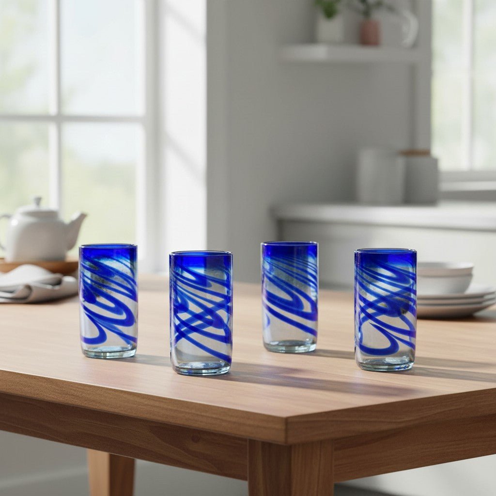 Hand-Blown Mexican Drinking Glass | Blue Swirl Design Mexican Drinking Glass La Vie Bien Hand-Blown Mexican Drinking Glass | Blue Swirl Design