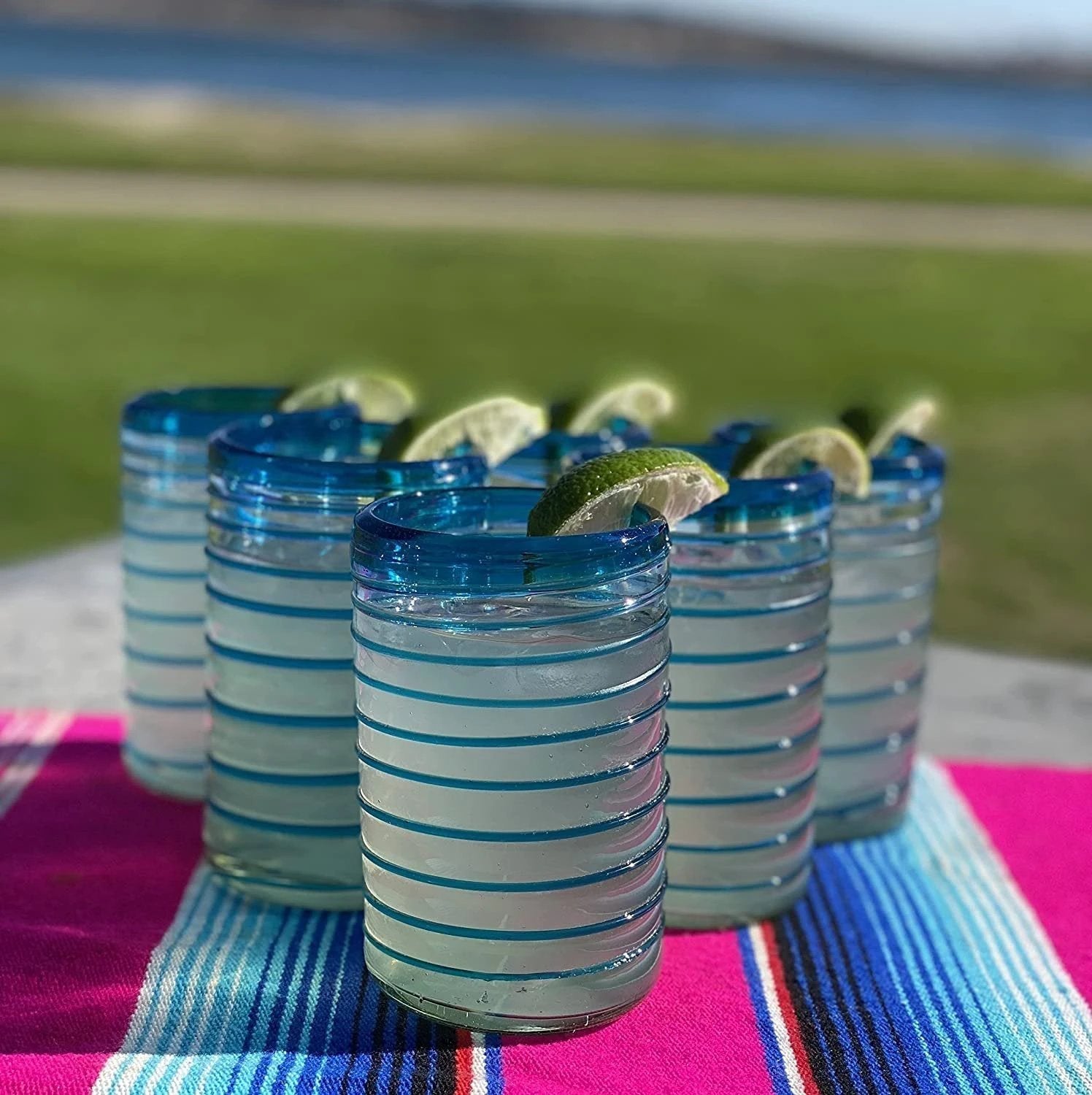 Hand Blown Mexican Drinking Glasses – Set of 6 Glasses with an Aqua Spiral Design (14 oz each) … by Dos Sueños