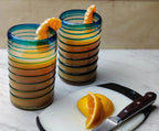 Hand Blown Mexican Drinking Glasses – Set of 6 Glasses with an Aqua Spiral Design (14 oz each) … by Dos Sueños