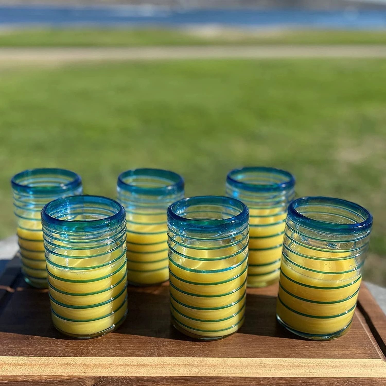 Hand Blown Mexican Drinking Glasses – Set of 6 Glasses with an Aqua Spiral Design (14 oz each) … by Dos Sueños