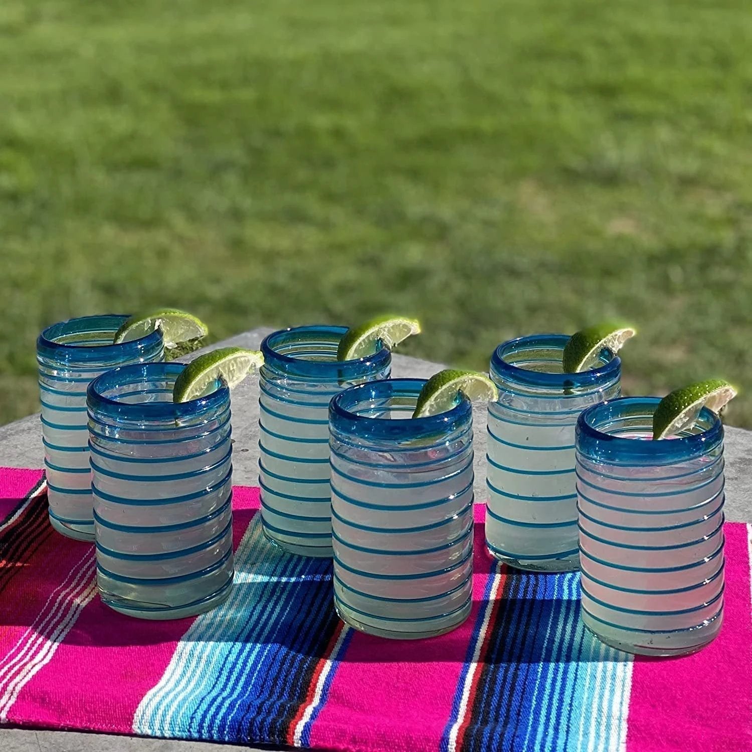 Hand Blown Mexican Drinking Glasses – Set of 6 Glasses with an Aqua Spiral Design (14 oz each) … by Dos Sueños