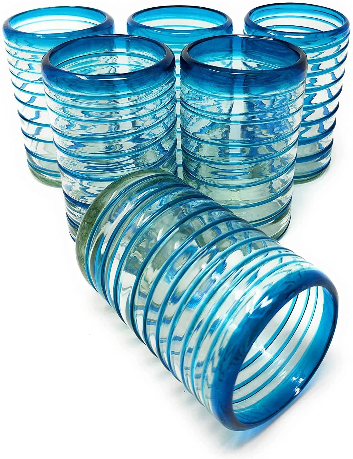Hand Blown Mexican Drinking Glasses – Set of 6 Glasses with an Aqua Spiral Design (14 oz each) … by Dos Sueños