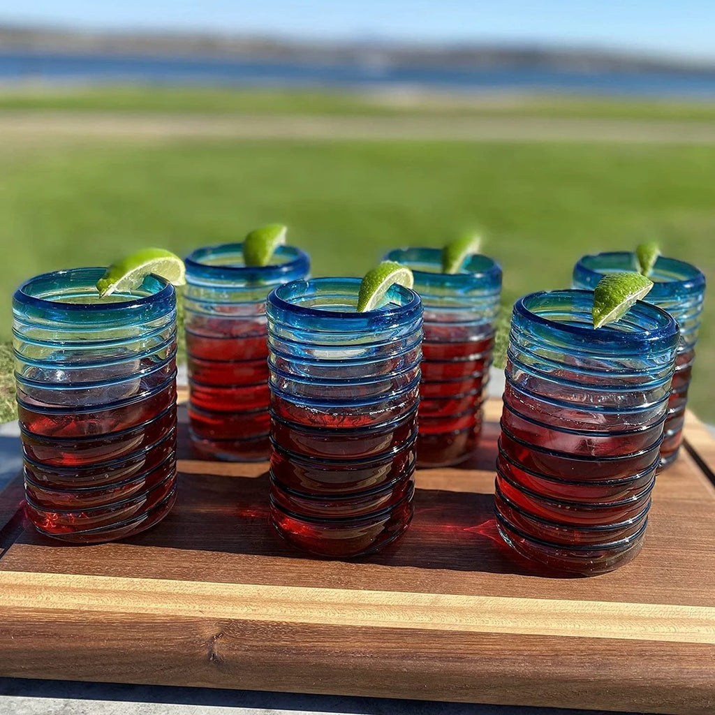 Hand Blown Mexican Drinking Glasses – Set of 6 Glasses with an Aqua Spiral Design (14 oz each) … by Dos Sueños