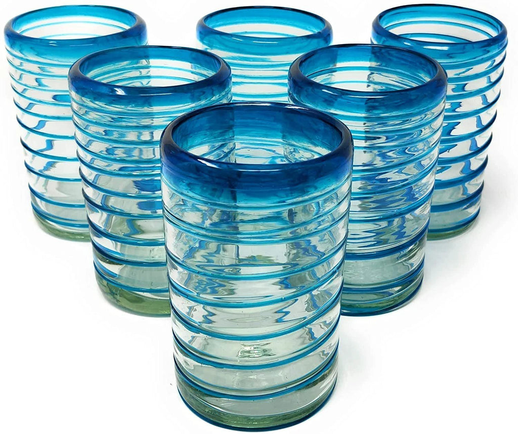 Hand Blown Mexican Drinking Glasses – Set of 6 Glasses with an Aqua Spiral Design (14 oz each) … by Dos Sueños