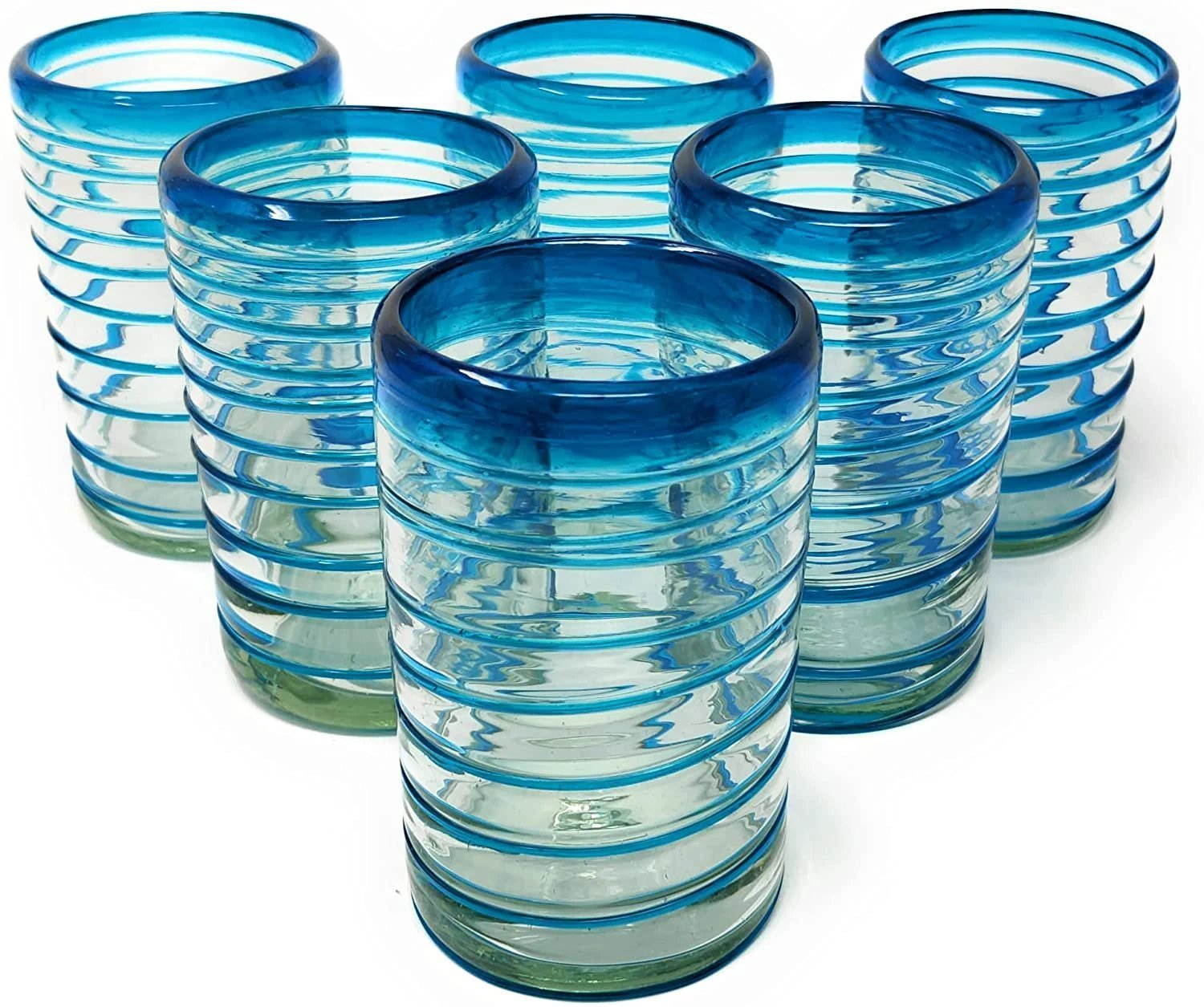 Hand Blown Mexican Drinking Glasses – Set of 6 Glasses with an Aqua Spiral Design (14 oz each) … by Dos Sueños