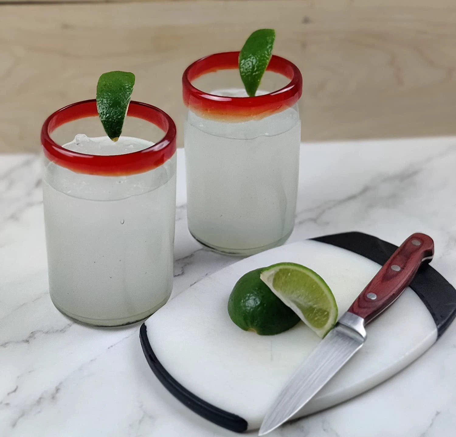 Hand Blown Mexican Drinking Glasses - Set of 6 Glasses with Red Rims (14 oz each) by Dos Sueños