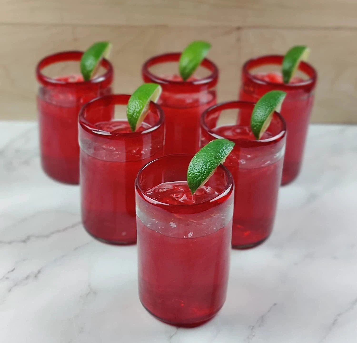 Hand Blown Mexican Drinking Glasses - Set of 6 Glasses with Red Rims (14 oz each) by Dos Sueños