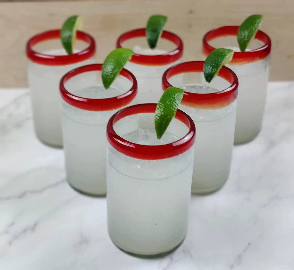 Hand Blown Mexican Drinking Glasses - Set of 6 Glasses with Red Rims (14 oz each) by Dos Sueños