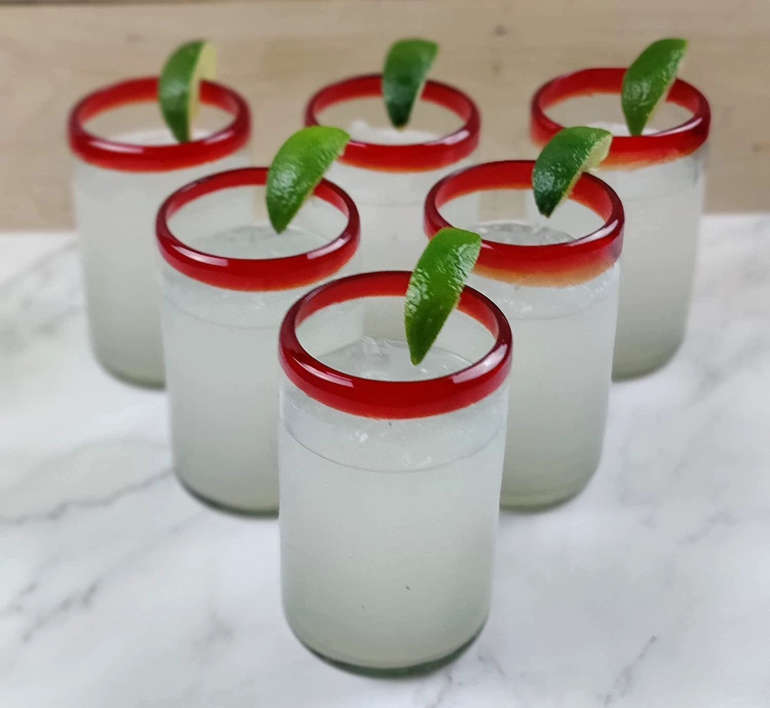 Hand Blown Mexican Drinking Glasses - Set of 6 Glasses with Red Rims (14 oz each) by Dos Sueños