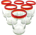 Hand Blown Mexican Drinking Glasses - Set of 6 Glasses with Red Rims (14 oz each) by Dos Sueños