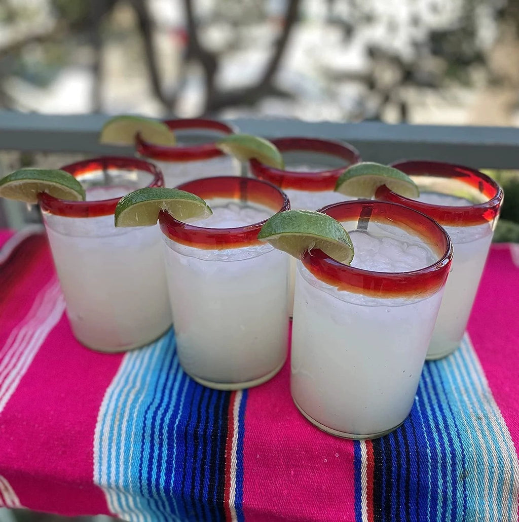 Hand Blown Mexican Drinking Glasses - Set of 6 Glasses with Red Rims (14 oz each) by Dos Sueños