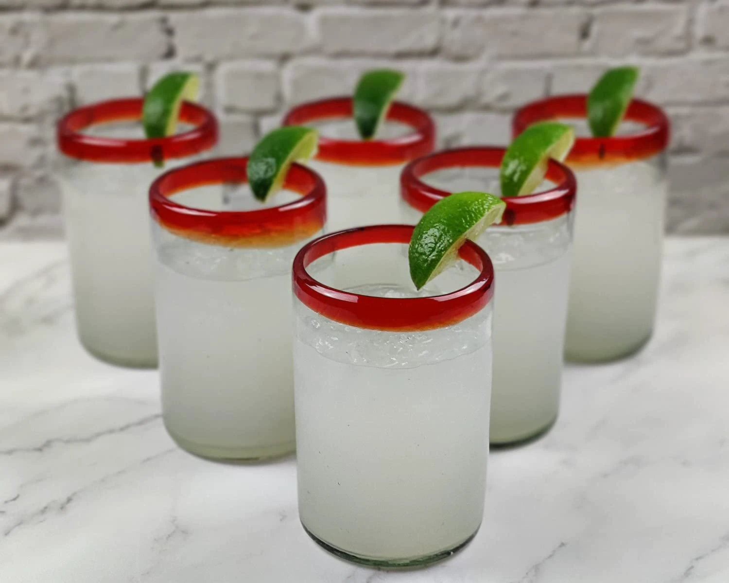 Hand Blown Mexican Drinking Glasses - Set of 6 Glasses with Red Rims (14 oz each) by Dos Sueños
