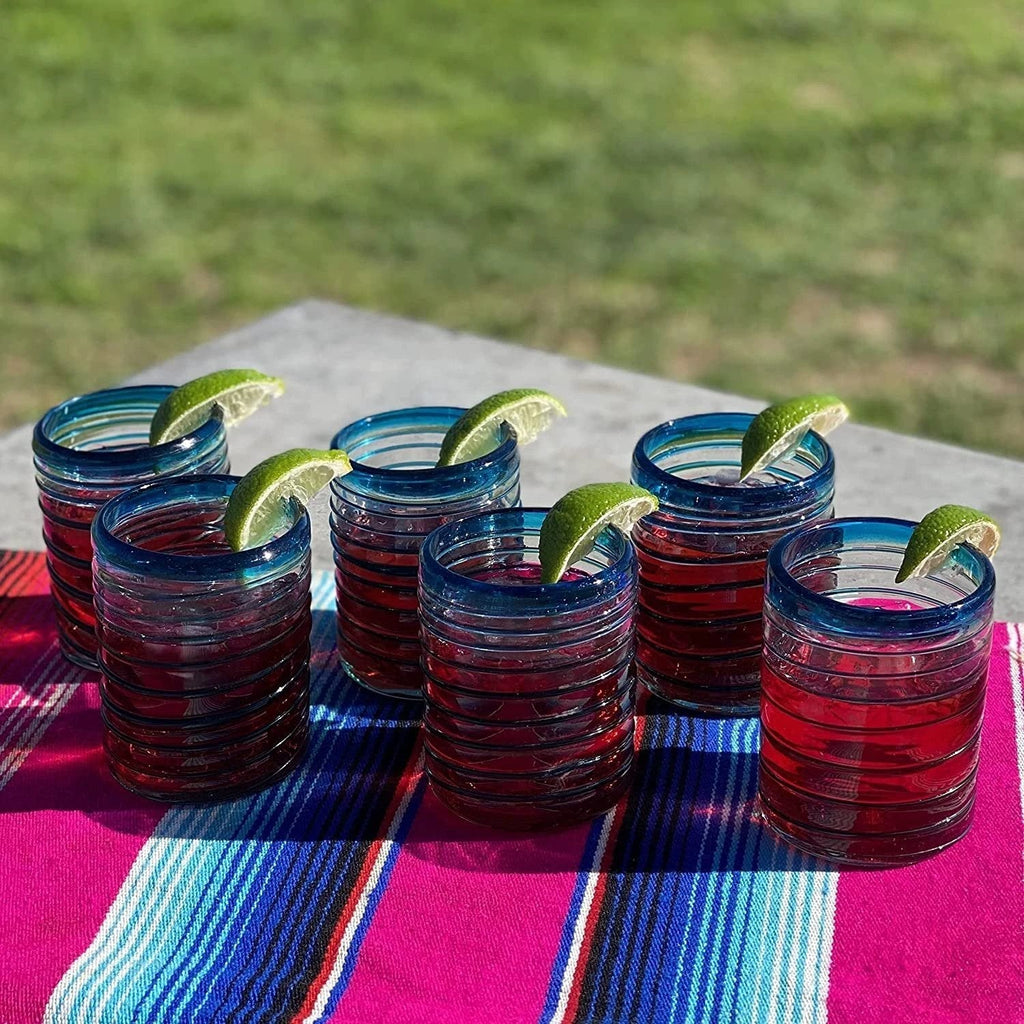 Hand Blown Mexican Drinking Glasses – Set of 6 Tumbler Glasses with an Aqua Spiral Design (10 oz each) by Dos Sueños