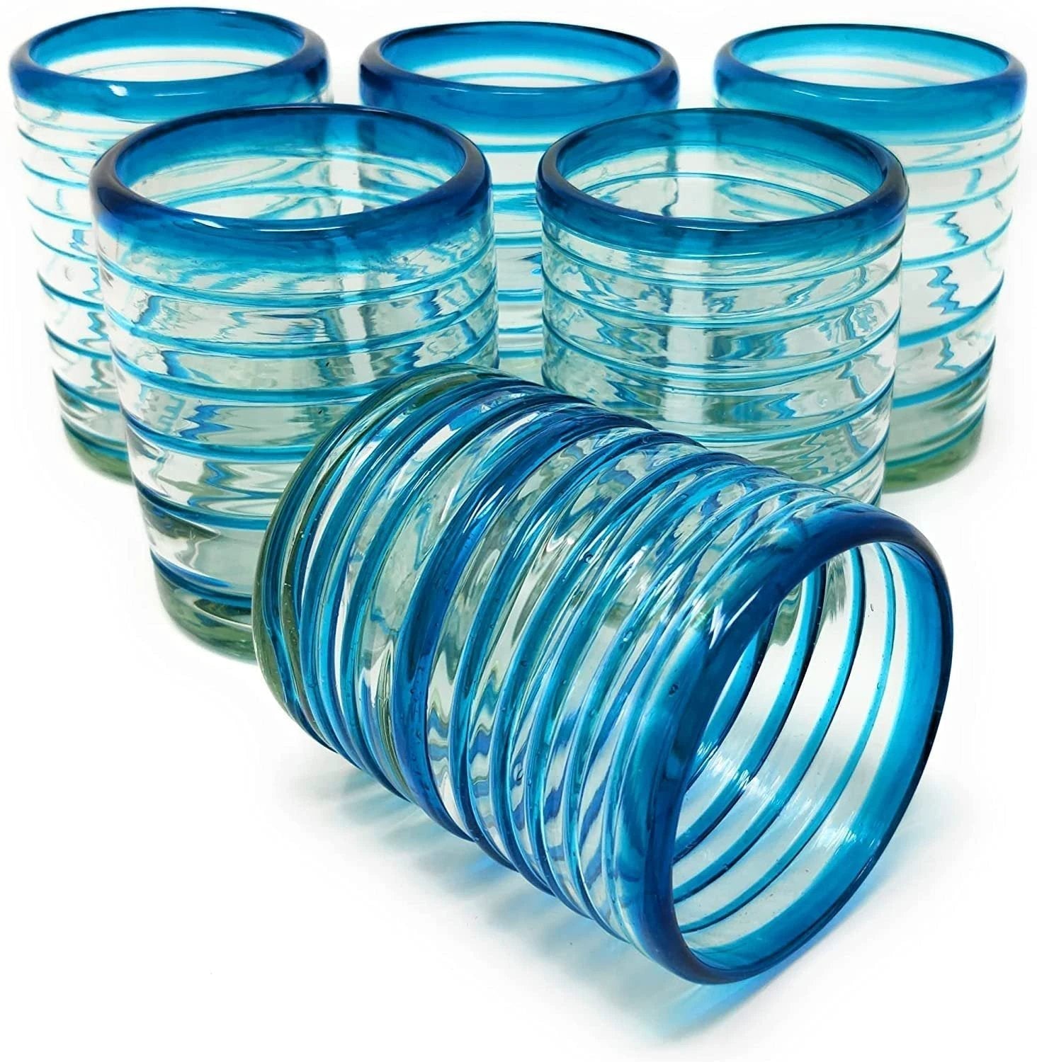 Hand Blown Mexican Drinking Glasses – Set of 6 Tumbler Glasses with an Aqua Spiral Design (10 oz each) by Dos Sueños