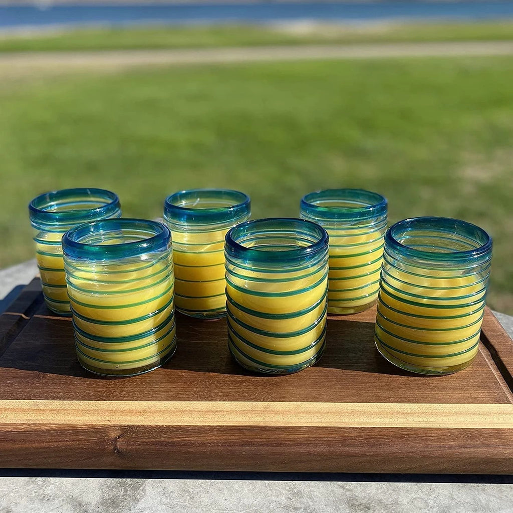 Hand Blown Mexican Drinking Glasses – Set of 6 Tumbler Glasses with an Aqua Spiral Design (10 oz each) by Dos Sueños