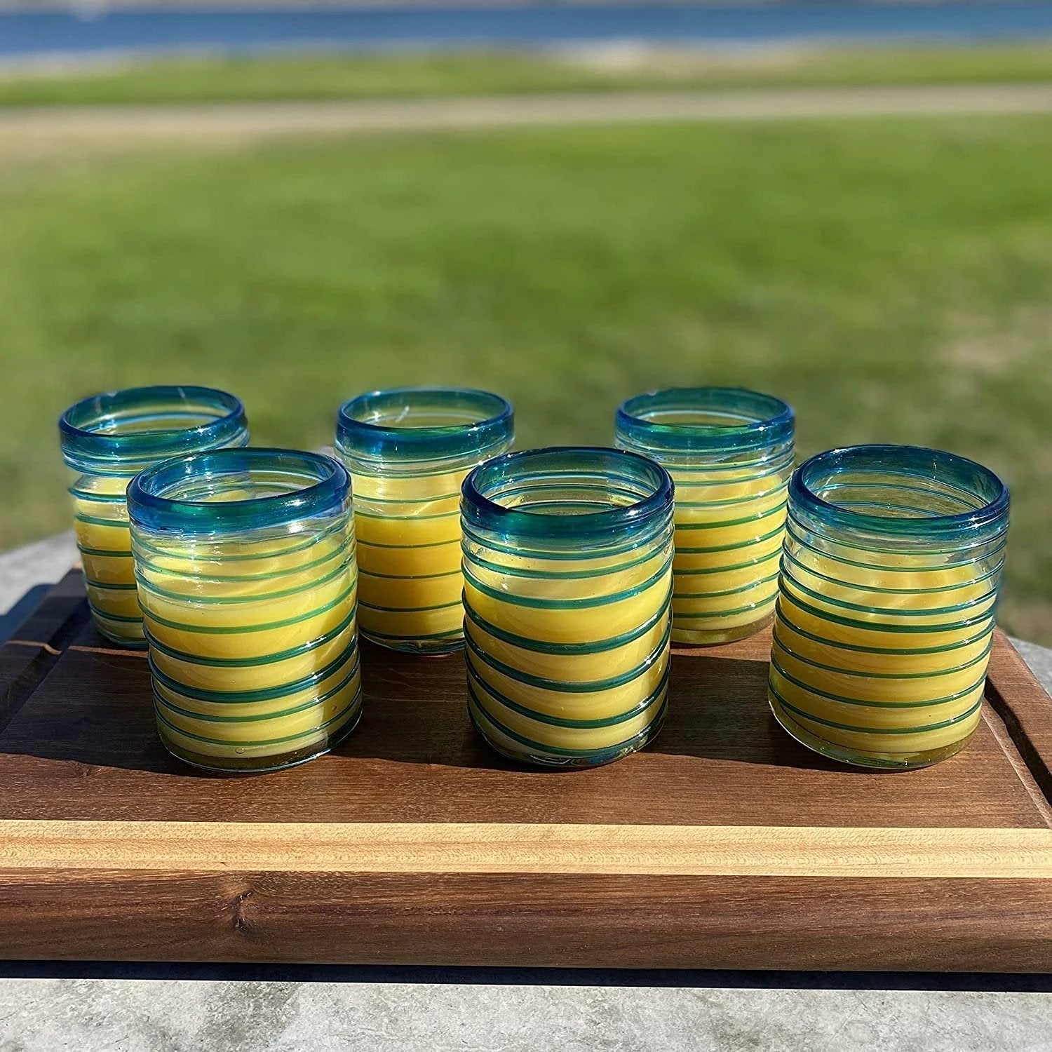Hand Blown Mexican Drinking Glasses – Set of 6 Tumbler Glasses with an Aqua Spiral Design (10 oz each) by Dos Sueños
