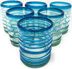 Hand Blown Mexican Drinking Glasses – Set of 6 Tumbler Glasses with an Aqua Spiral Design (10 oz each) by Dos Sueños