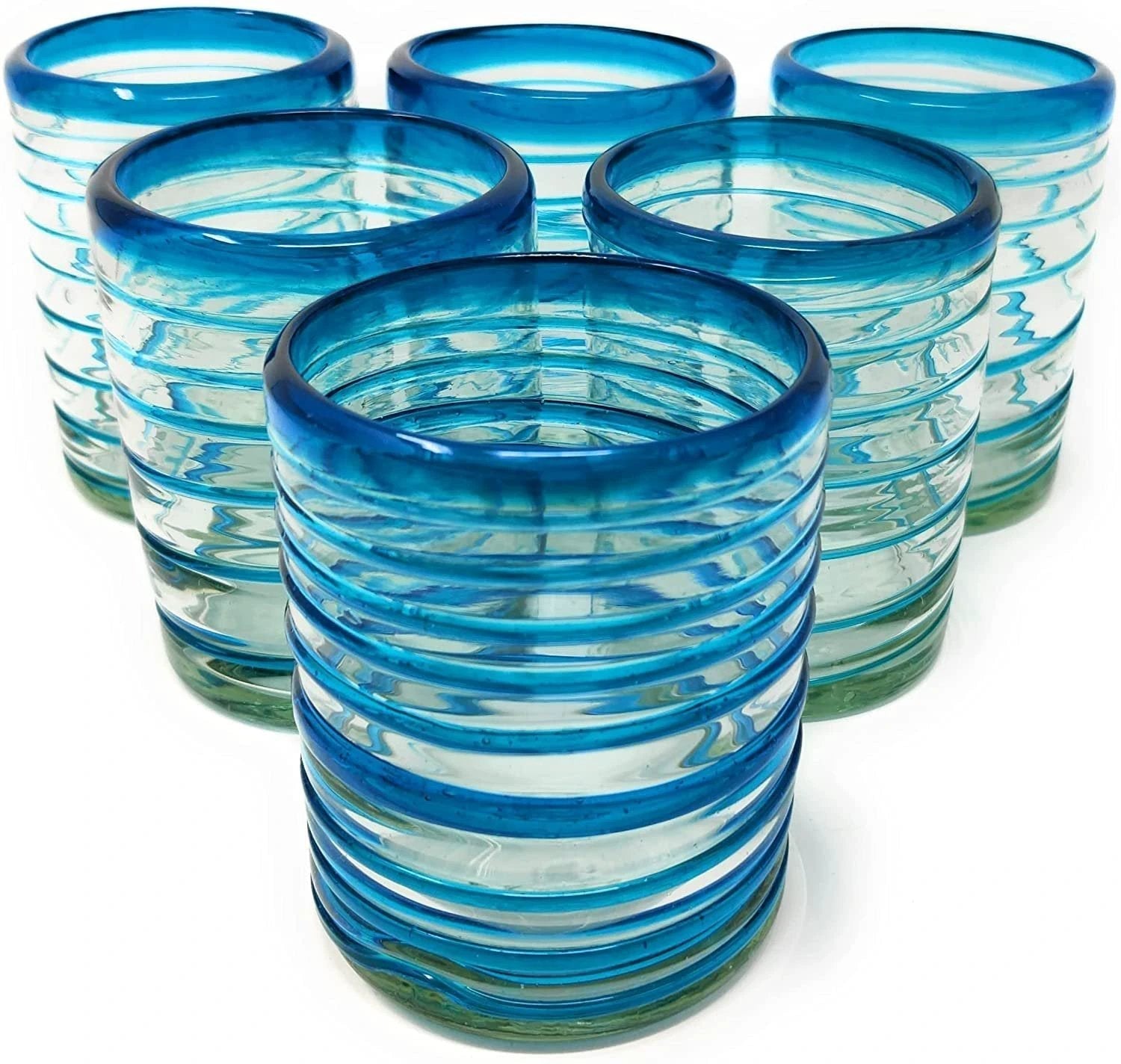 Hand Blown Mexican Drinking Glasses – Set of 6 Tumbler Glasses with an Aqua Spiral Design (10 oz each) by Dos Sueños