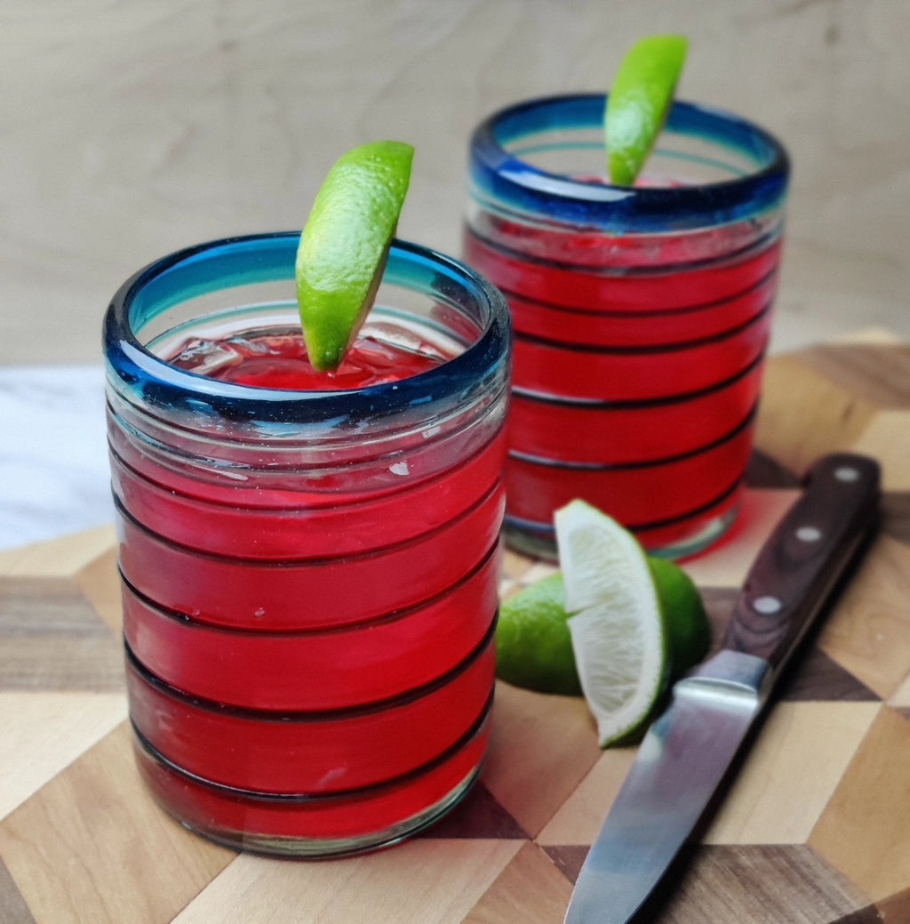 Hand Blown Mexican Drinking Glasses – Set of 6 Tumbler Glasses with an Aqua Spiral Design (10 oz each) by Dos Sueños