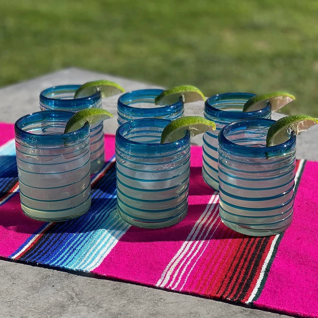 Hand Blown Mexican Drinking Glasses – Set of 6 Tumbler Glasses with an Aqua Spiral Design (10 oz each) by Dos Sueños