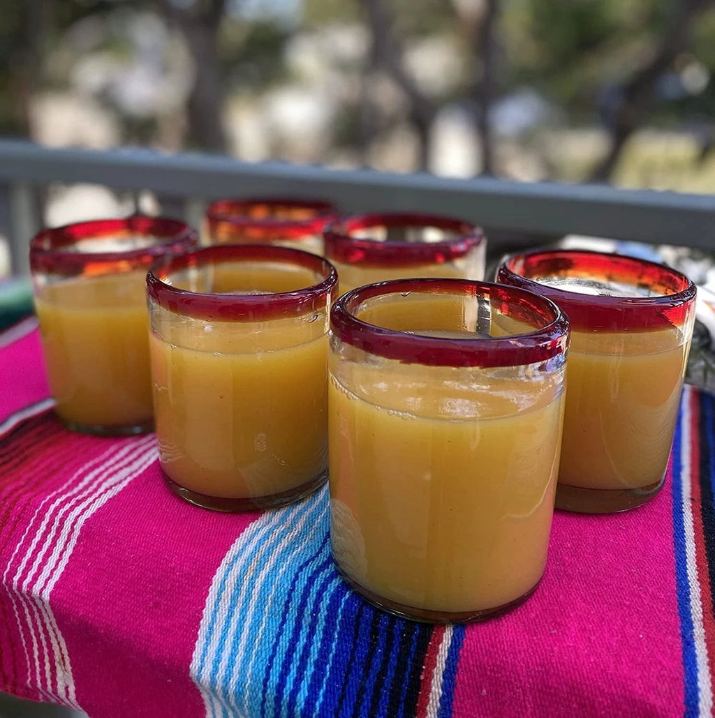 Hand Blown Mexican Drinking Glasses - Set of 6 Tumbler Glasses with Red Rims (10 oz each) by Dos Sueños