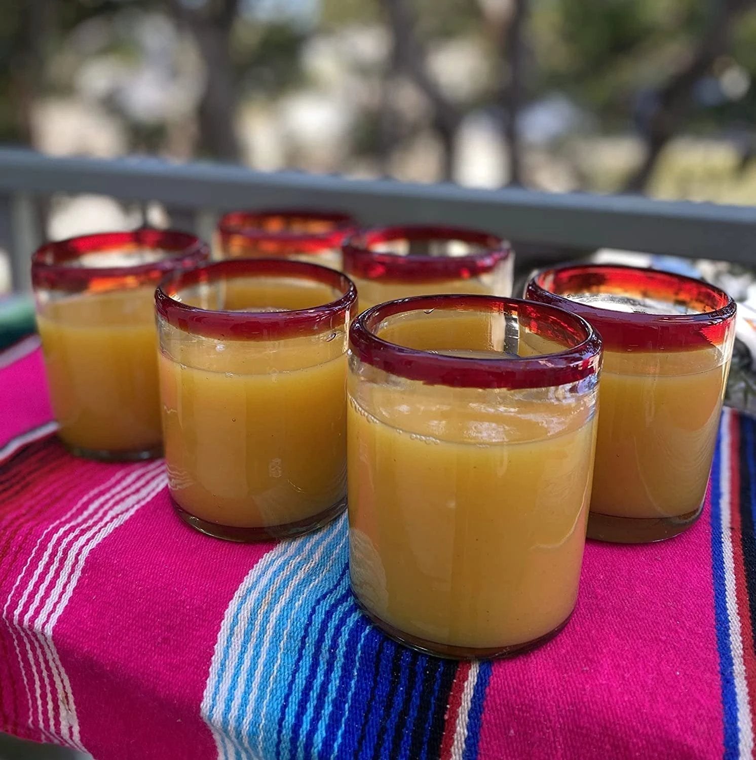 Hand Blown Mexican Drinking Glasses - Set of 6 Tumbler Glasses with Red Rims (10 oz each) by Dos Sueños