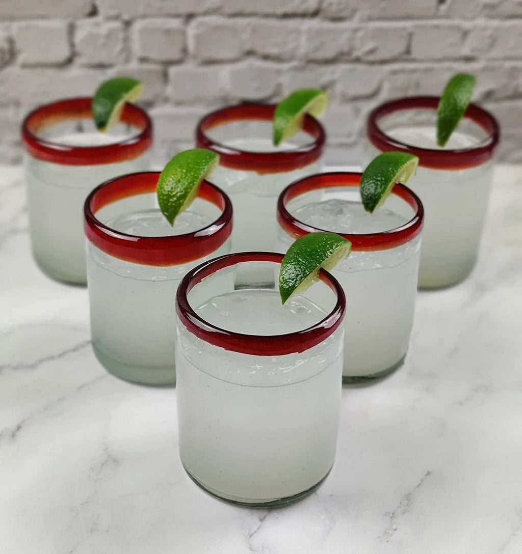 Hand Blown Mexican Drinking Glasses - Set of 6 Tumbler Glasses with Red Rims (10 oz each) by Dos Sueños