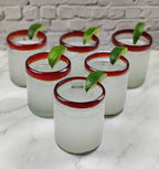 Hand Blown Mexican Drinking Glasses - Set of 6 Tumbler Glasses with Red Rims (10 oz each) by Dos Sueños