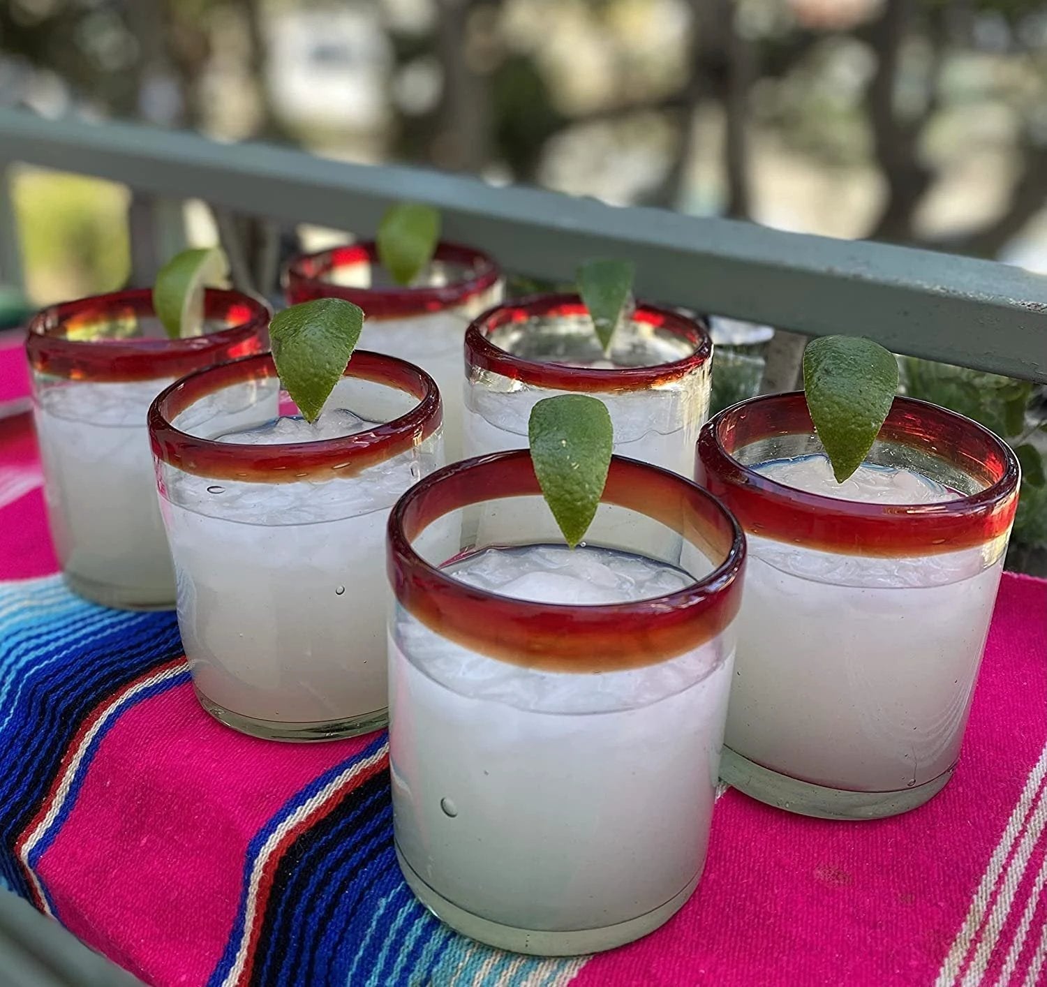 Hand Blown Mexican Drinking Glasses - Set of 6 Tumbler Glasses with Red Rims (10 oz each) by Dos Sueños
